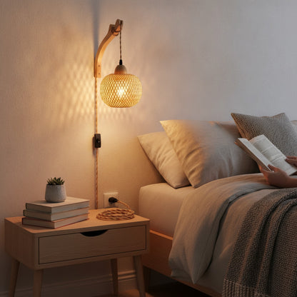 Applique Murale en Bambou et Rotin Naturel - Luminaire Tissé Main Style Bohème