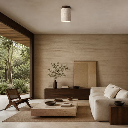 Plafonnier Japandi en Travertin Jaune & Bois – Design Naturel