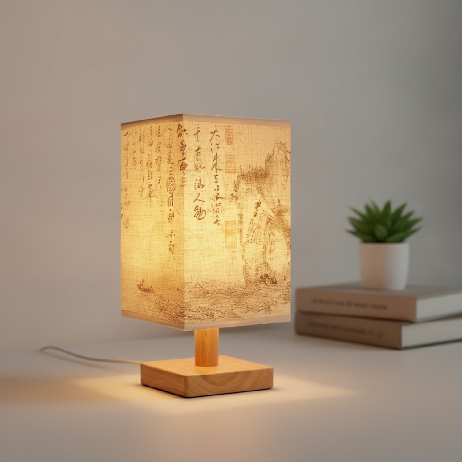 Lampe de Chevet LED Design Carré - Abat-jour Tissu, Dimmable, Style Chinois