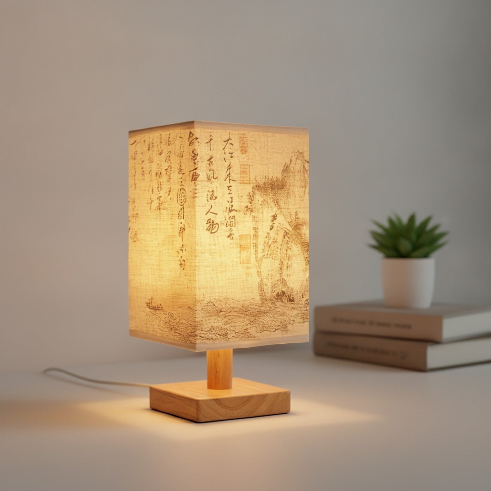 Lampe de Chevet LED Design Carré - Abat-jour Tissu, Dimmable, Style Chinois