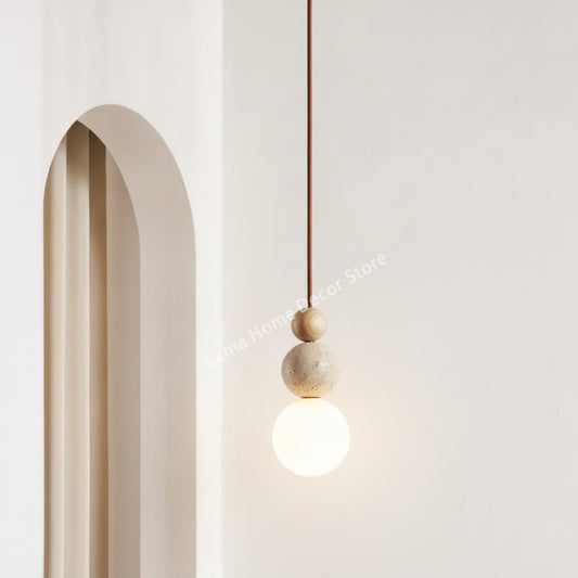 Lampe Suspendue Luma en Travertin Jaune & Bois Naturel - Design Moderne pour Cuisine, Chambre, Restaurant