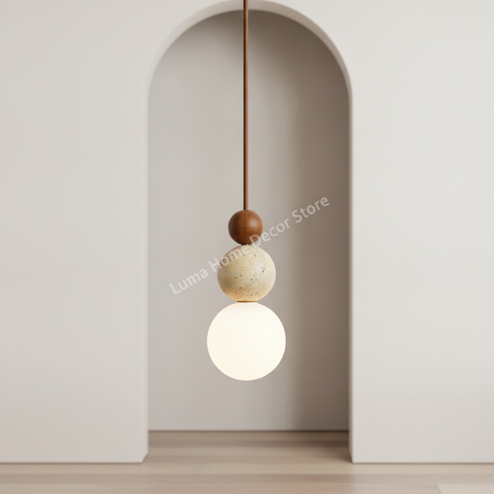 Lampe Suspendue Luma : Travertin & Bois Naturel