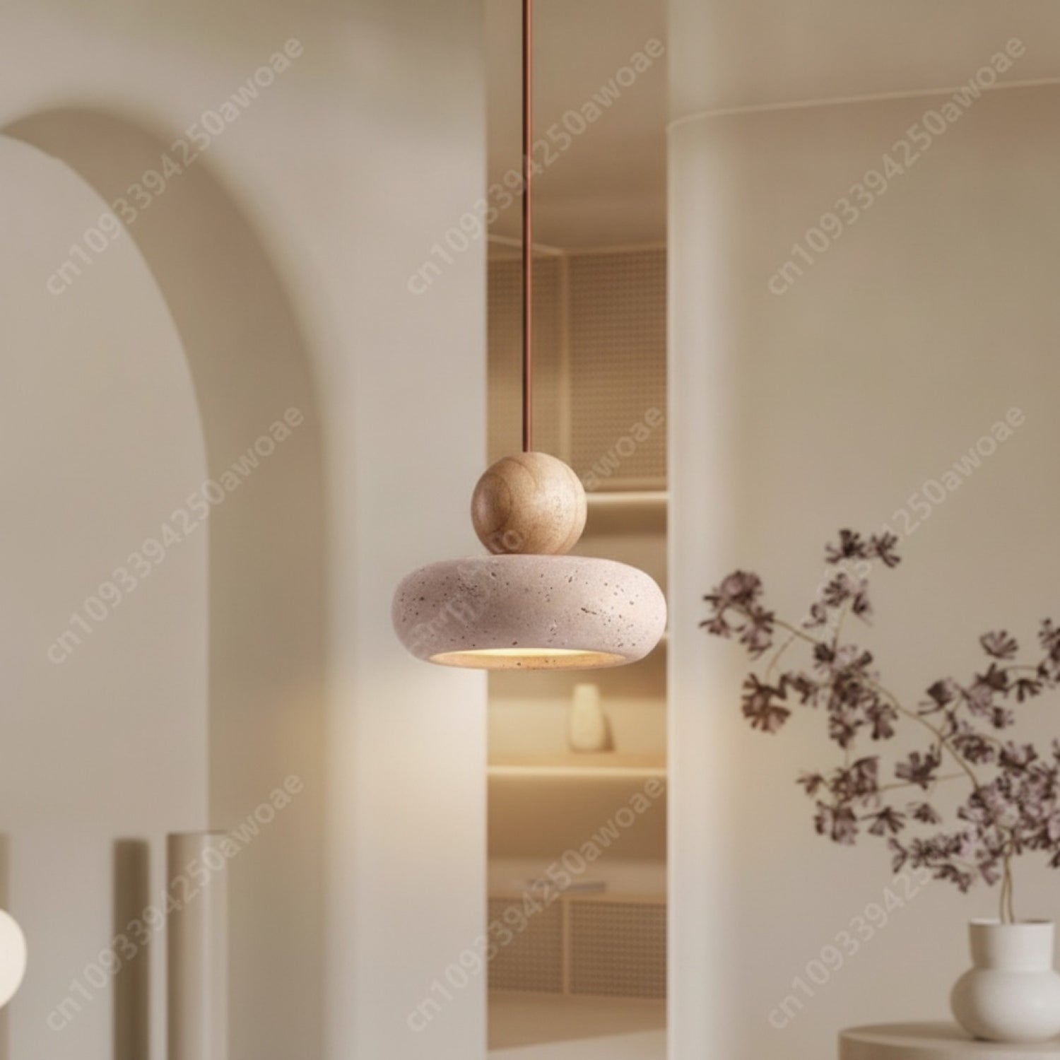 Luminaire Suspendu Pierre Naturelle Wabi-Sabi - Travertin Japonais pour Cuisine & Restaurant