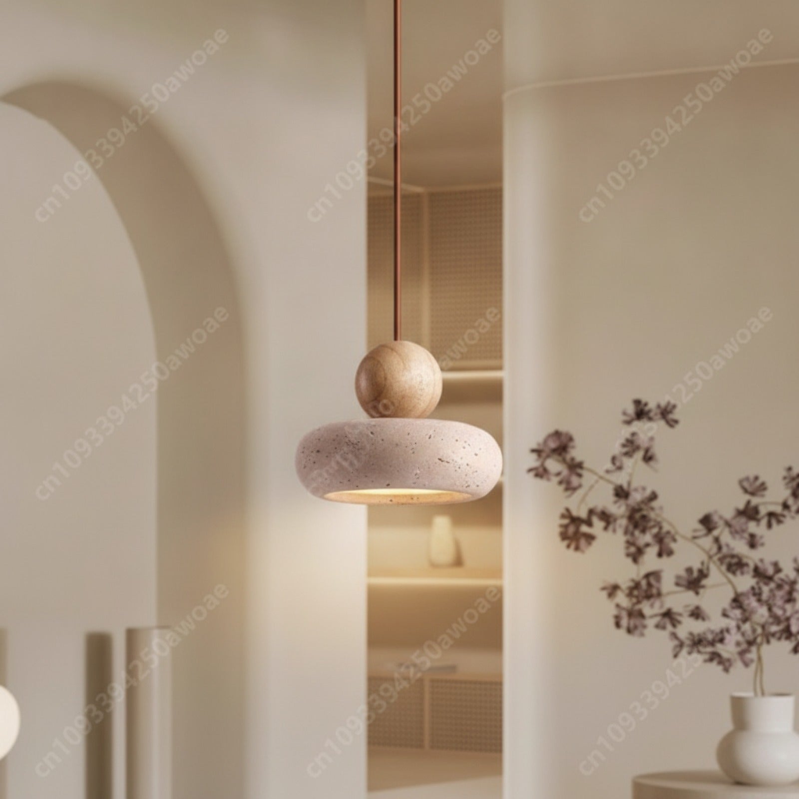 Luminaire Suspendu Pierre Naturelle Wabi-Sabi - Travertin Japonais pour Cuisine & Restaurant