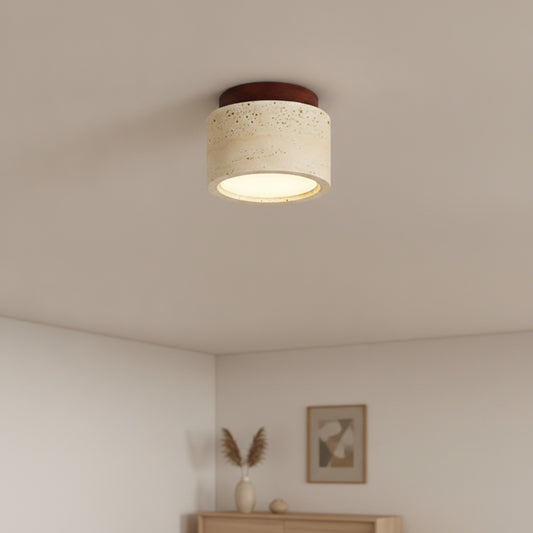 Plafonnier LED Rond en Travertin Jaune et Bois Japonais - Éclairage Design pour Salon, Couloir, Balcon